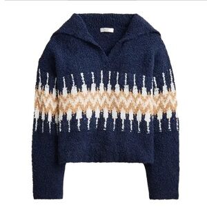 J.CREW Fair Isle Johnny Collar Sweater In Bouclé Yarn Navy Women’s Sz L NWT
